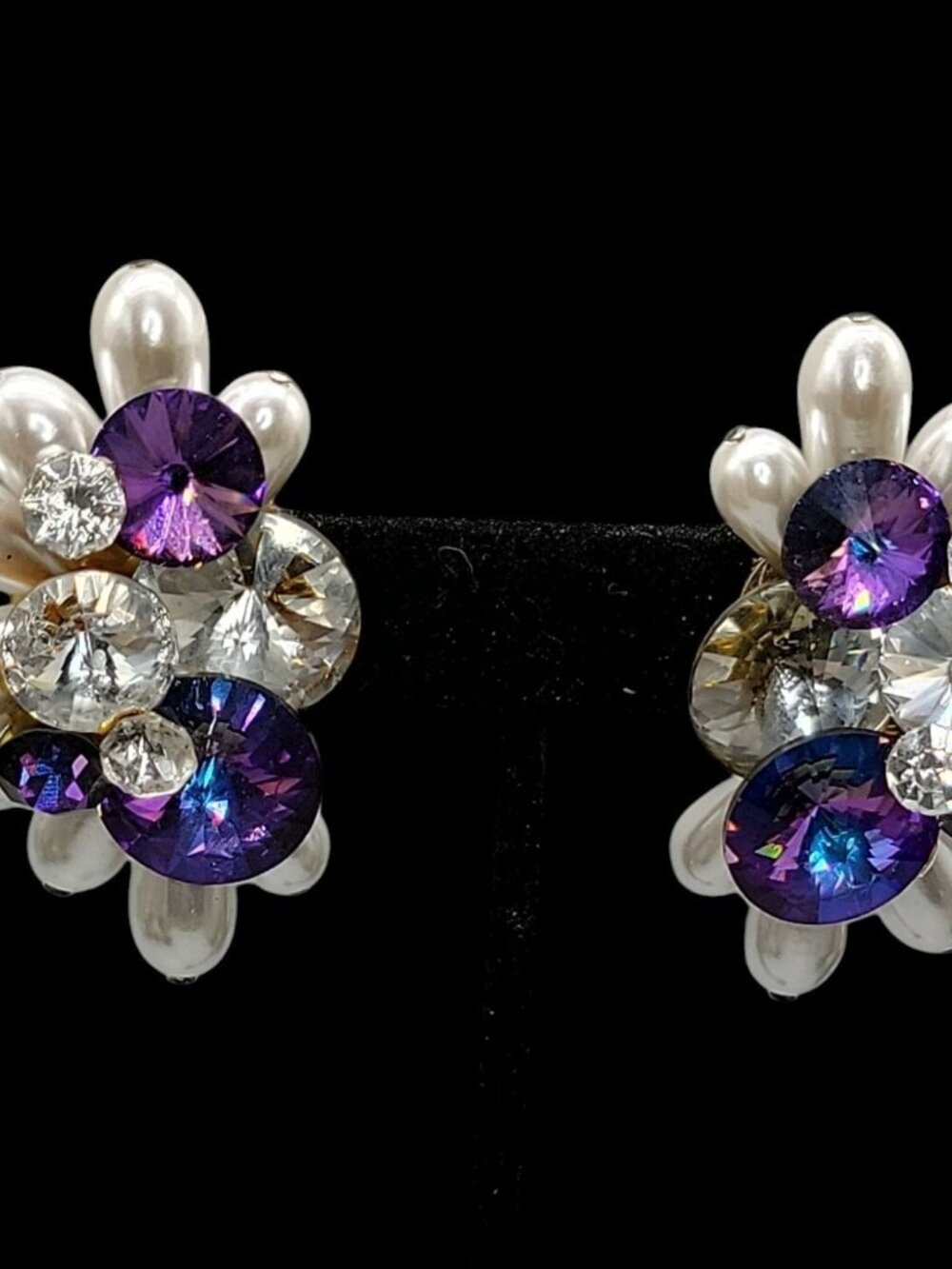 Vtg 1960s Cluster Clip On Earrings Purple Rivoli Rhinestone Faux Baroque Pearl - Picture 2 of 16